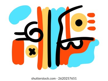 Abstract colorful pop art design with bold black lines, geometric shapes, and vibrant orange, yellow, and blue accents. 