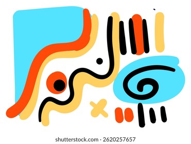Abstract colorful pop art design with bold black lines, geometric shapes, and vibrant orange, yellow, and blue accents. 
