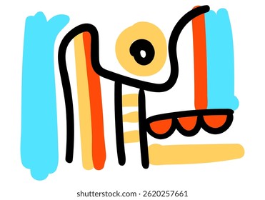 Abstract colorful pop art design with bold black lines, geometric shapes, and vibrant orange, yellow, and blue accents. 