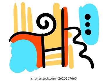 Abstract colorful pop art design with bold black lines, geometric shapes, and vibrant orange, yellow, and blue accents. 