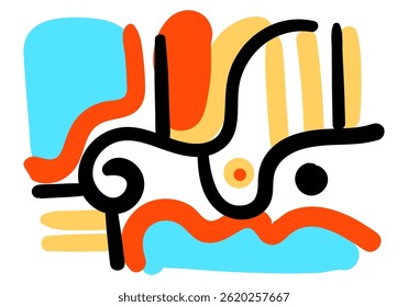 Abstract colorful pop art design with bold black lines, geometric shapes, and vibrant orange, yellow, and blue accents. 