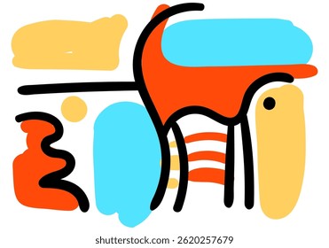 Abstract colorful pop art design with bold black lines, geometric shapes, and vibrant orange, yellow, and blue accents. 