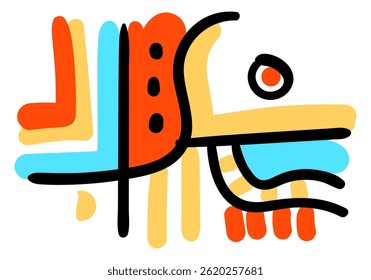 Abstract colorful pop art design with bold black lines, geometric shapes, and vibrant orange, yellow, and blue accents. 