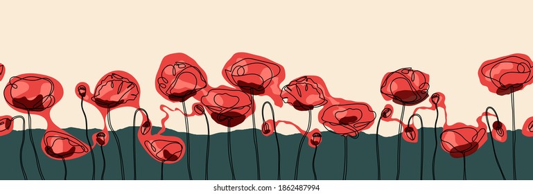 Abstract Colorful Poppy Flower Seamless Social Media Banner. Editable Vector EPS. One Line Continuous Art.