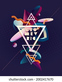 Abstract colorful poster design. 3D geometric shapes with triangular frames. Cover template. 