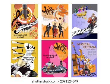 Abstract colorful posters with musicians and musical instruments at the party. Jazz band. Hand drawn vector illustration.