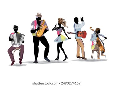 Abstractas afiches coloridos con músicos e instrumentos musicales en la fiesta. Banda de Jazz. Ilustración vectorial dibujada a mano