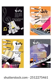 Abstract colorful posters with musicians and musical instruments at the party. Jazz band. Hand drawn vector illustration.