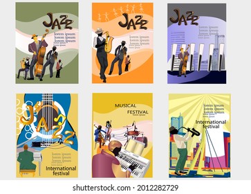 Abstract colorful posters with musicians at the party. Jazz band. Hand drawn vector illustration.