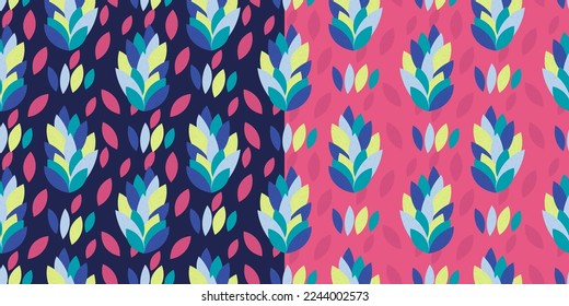 Resumen de la impresión colorida con hojas. Patrones de color rosa y azul oscuro. Luminosos antecedentes modernos. Un hermoso paisaje tropical exótico. Gráfica sin fisuras botánicas.