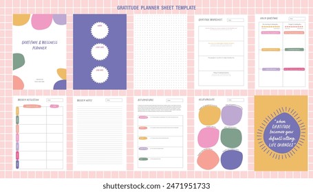 Abstract colorful printable personal gratitude planner page templates. Daily, weekly, monthly pages plan format A4. Affirmation, worksheet, weekly, daily reflection sheet. 