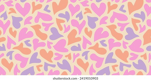 Abstract colorful psychedelic hearts print background. 1970s trippy seamless pattern. Groovy vector background for Valentine's Day or wedding. 