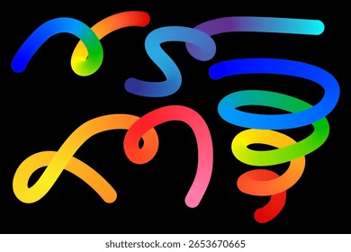 Abstract colorful rainbow lines on a black background, 3d wavy, swirl, spring strokes monoline set