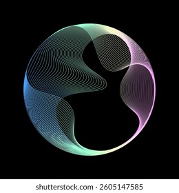 Abstract colorful rainbow spectrum wave lines in round shape. Neon iridescent wavy line circle frame isolated on black background with copy space for technology, science, music, modern graphic design