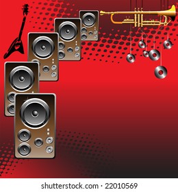 Abstract colorful red background with loudspeakers, golden trumpet and guitar shape
