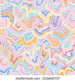 Abstract colorful retro seamless pattern. Vintage multicolored vector illustration. Fluid lines print for fabric, stationery, any surface. Marbled texture, liquid stripes