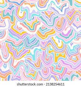 Abstract colorful retro seamless pattern. Vintage multicolored vector illustration. Fluid lines print for fabric, stationery, any surface. Marbled texture, liquid stripes