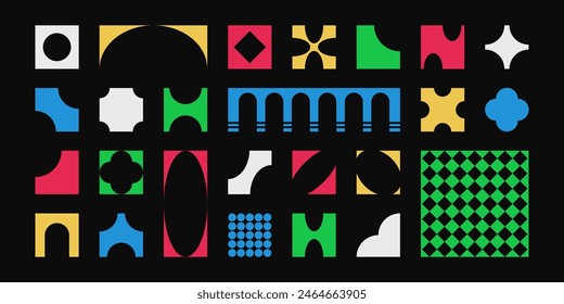 Abstract colorful retro shapes, basic brutal forms and figures in Y2K aesthetics, vintage stickers, logos, labels. Decorative design elements, vector illustration.