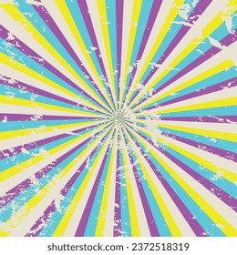 Abstract colorful retro swirl burst. Radial rays pattern. Carnival background Radial rays background. Brightly striped perspective with waves and swirls. Vector