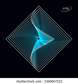 Abstract Colorful Rhombus Graphic Element in Light Blue Tones on Black Background. Modern Op Art Illustration. EPS8.
