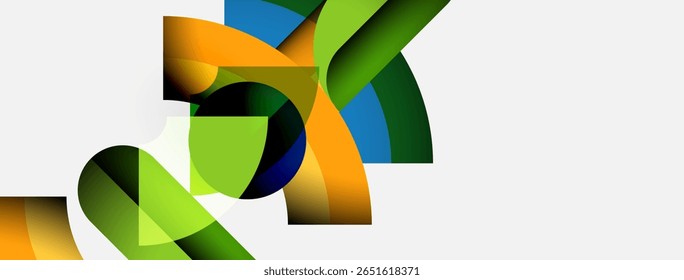 Abstract colorful ribbons overlap, creating dynamic shapes. Bright hues contrast against white background. Modern design elements present.