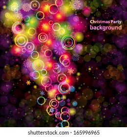 Abstract colorful rings and snowflakes on a dark background. Christmas card.