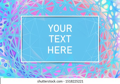 Abstract colorful round element on multi pastel color distortion polygonal background with light blue blank space frame for text copy