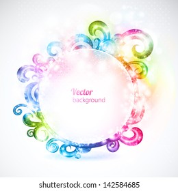 Abstract colorful round frame decorated with fanciful swirls. Vector background.