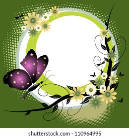 Abstract colorful rounded summer frame with various flowers and a beautiful purple butterfly
