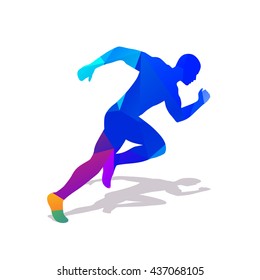 Abstract colorful runner silhouette. Blue geometric running man