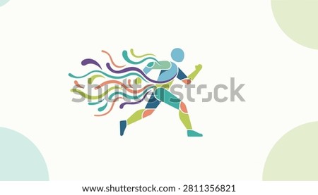 Abstract colorful running human figure with swirling trail representing speed, dynamic movement, and athletic energy.