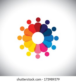 abstract colorful school children in circle playing together - vector graphic. This graphic also represents students community, employee diversity, unity, solidarity, trust, friendship, staff meetings