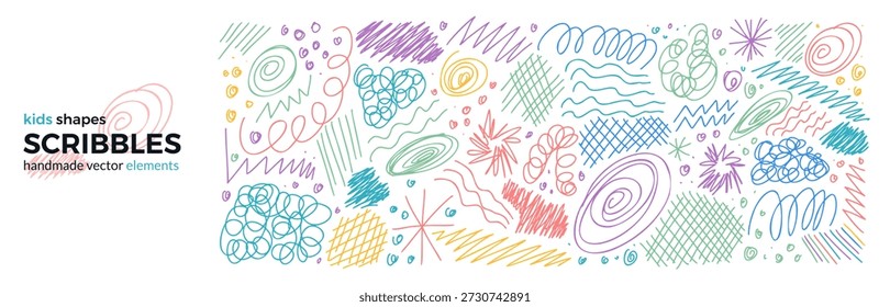 Abstractas colección de garabatos de colores con trazos de pluma desordenados y texturas de garabatos. Líneas caóticas dibujadas a mano, círculos, garabatos espontáneos crean un elemento gráfico expresivo. Conjunto de garabatos de niños de Vector.