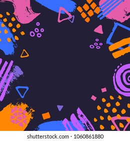 abstract colorful scribble doodle different shapes  marker pen brush strokes dark blue pink orange colors border frame fun texture  background 