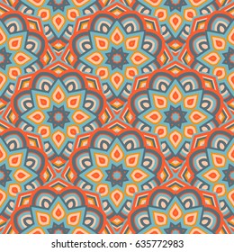 Abstract colorful seamless backdrop. Design for prints, textile, decor, fabric. Round texture in orange, blue and yellow colors