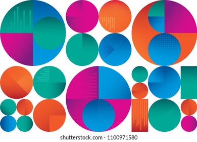 Abstract colorful seamless background pattern with circles graphs and overlapping shaded shapes with depth and shadows. Modern vintage pattern with retro colors blue orange magenta