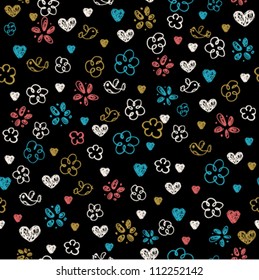 Abstract colorful seamless doodle pattern on black background. Decorative texture with birds, flowers and heart, template for design and decoration