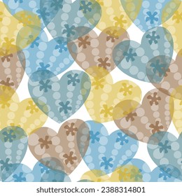 Abstract colorful seamless geometric pattern with hearts in ornamental background in vector.  Diverse hearts background print. 