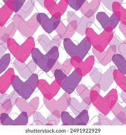 Abstract colorful seamless geometric pattern with hearts in ornamental background in vector. Valentine's day holiday backdrop texture, diversity group design.
