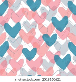 Abstract colorful seamless geometric pattern with hearts in ornamental background in vector. Valentine's day holiday backdrop texture, diversity group design.