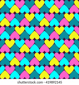 Abstract colorful seamless geometric pattern with hearts in ornamental background in vector. Groovy seamless pattern of geometric hearts templates in vibrant neon colors. Funky vivid background