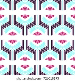 Abstract colorful seamless geometric pattern in vector on a white isolated background. Bright colored linear ornament in vector. Abstract lines wallpaper. Modern design background