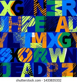 Abstract colorful seamless grunge pattern for boy. Urban style modern background with  geometric, words, letters and spray elements. Drive sport creative print