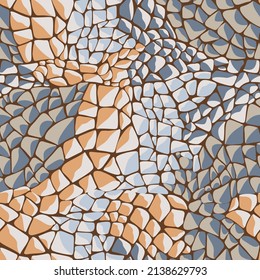 Abstract colorful seamless mosaic pattern. Irregular voronoi puzzle stony polygonal geometric print. Volumetric pebble design ornament. Glazed surface tile.