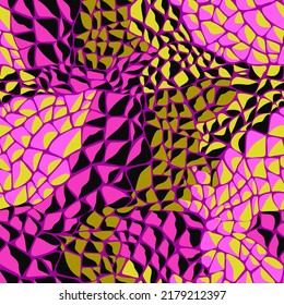 Abstract colorful seamless mosaic pattern. Irregular voronoi puzzle stony polygonal geometric print. Volumetric pebble design ornament. Glazed surface tile.