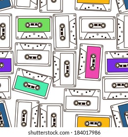 Abstract colorful seamless pattern of audio cassette tapes