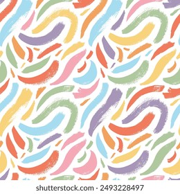 Abstract colorful seamless pattern with bold curved brush strokes. Kid's style background with messy squiggles and wavy thick lines. Hand drawn grunge thick texture vector brush strokes.