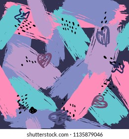 Abstract colorful seamless pattern with brush strokes and hearts in memphis style. Creative vector background for print, textile, flyer design, wear, magazines, template, card, poster, brochure. 