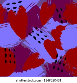 Abstract colorful seamless pattern with brush strokes and hearts in memphis style. Creative vector background for print, textile, flyer design, wear, template, card, poster, brochure, Valentine's day,