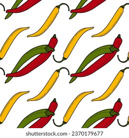 Abstract colorful seamless pattern of chili pepper in trendy bright colors. Latin American condiment